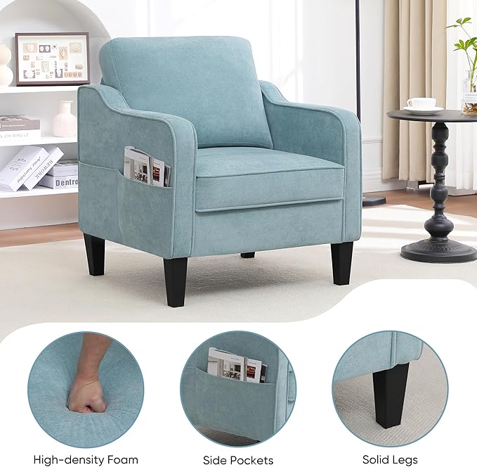 Accent Chair for Living Room Mid Century Modern Reading Chair for Bedroom Upholstered Armchair with Side Pockets Comfy Single Sofa Side Chair for Office Apartment Small Room Teal Green