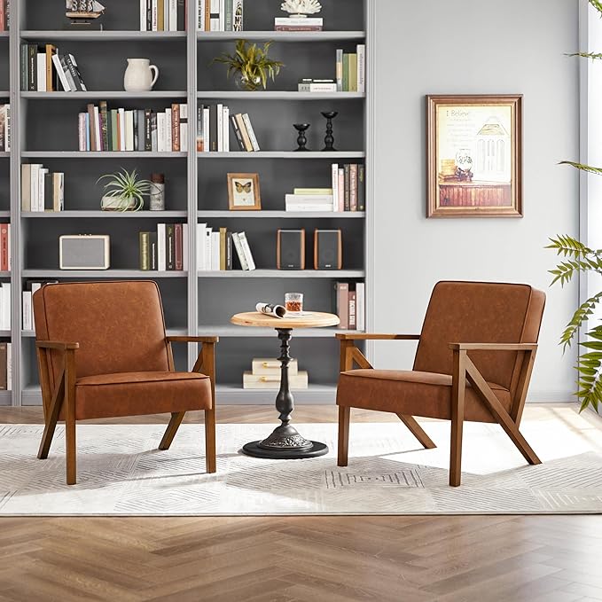 Topeakmart PU Leather Accent Chair Modern Mid Century Armchair Sofa Chair with Wooden Frame and Sturdy Legs for Living Room 1/Light Brown