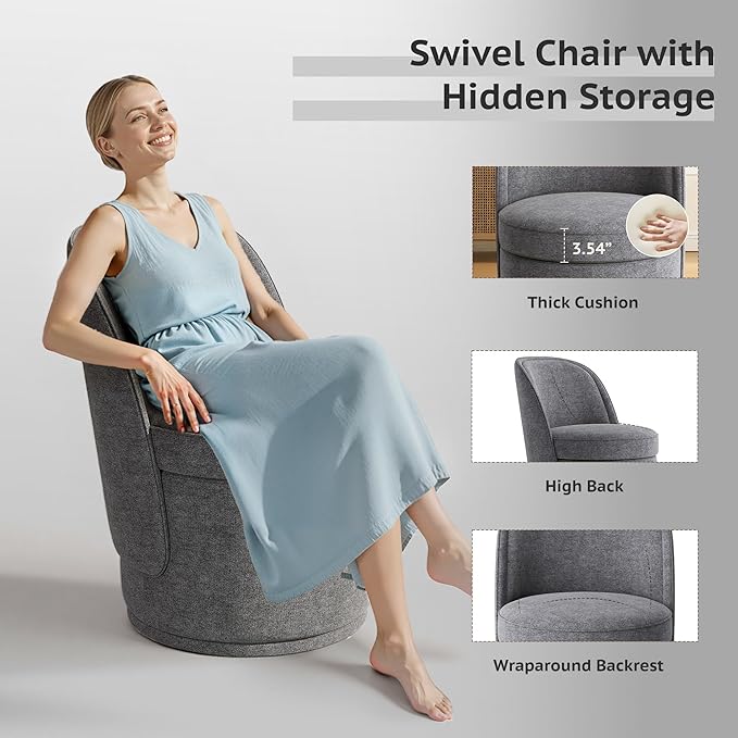Swivel Accent Chair Set of 2 360° Swivel Round Chair with Hidden Storage Vanity Chairs Modern Small Barrel Armchair for Living Room/Bedroom Darkgrey