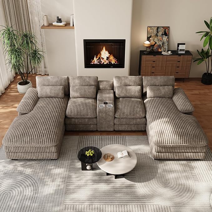 133 Oversized U Shaped Cloud Couch Modular Sectional Couches for Living Room Comfy Corduroy Deep Seat Sofa Set with Double Chaise Lounge Storage Central Console Cup Holders USB Port Brown