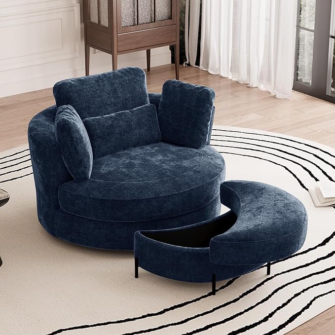Aoiy &amp Wifon 50'' W Oversized Swivel Barrel Chair with Storage Ottoman Navy Round Swivel Accent Chair with Half Moon Ottoman for Living Room Deep Seat &amp Extra Wide Chenille