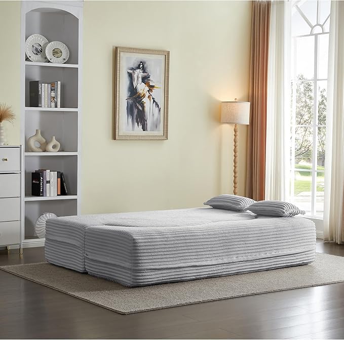 2 in 1 Folding Floor Couch Sofa Bed with 2 Pillows Convertible Sleeper Sofa Modern Full Mattress for Living Room Guestroom Plush Corduroy Floor Sofa BedNo Assembly RequiredLight Grey
