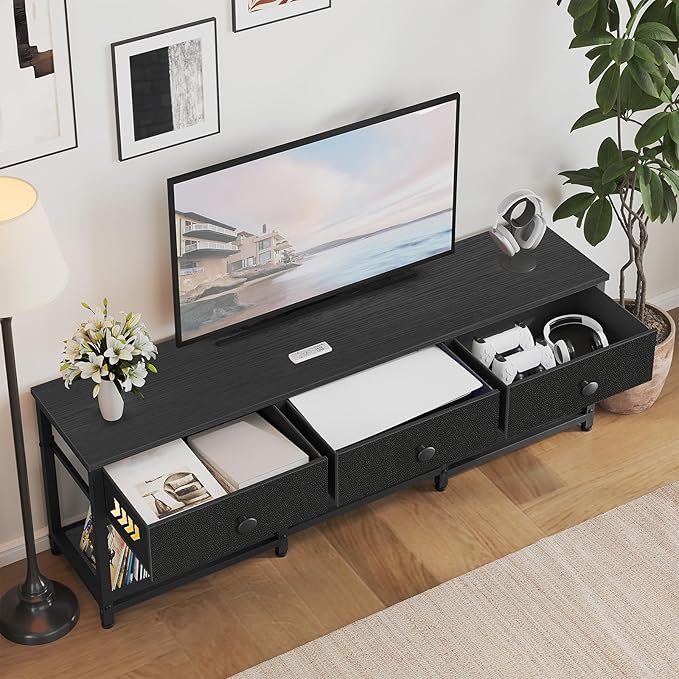 TV Stand with 3 Fabric Drawers for up to 50 Inch TV 47.2 Industrial Media Console Entertainment Center with Shelves for Living Room Bedroom Home Office Black DS12BB