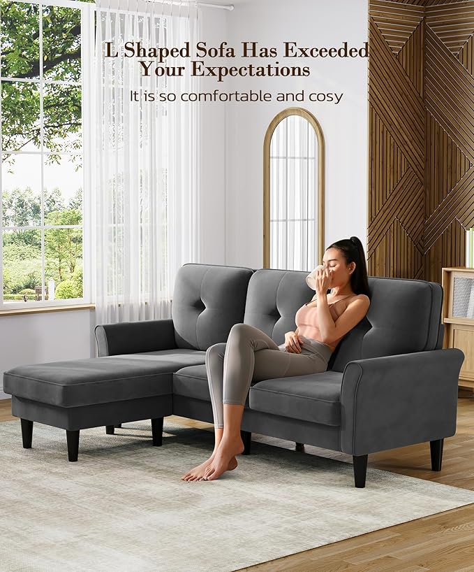 83 Sectional Couch Velvet L-Shaped Couch 3 Seater Sectional Couches for Living Room Comfy Fluffy Deep Seat Loveseat Modular Sectional Sofa with Ottoman for Apartment Office Grey
