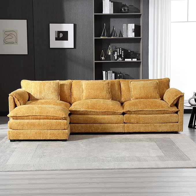 kevinplus 112'' Sectional Sofa Couch with Convertible Ottoman for Living Room Modern Contemporary 3-Seat L-Shape Sofa Couch for Apartment Home Office Thick Cushion &amp Boucle Fabric Yellow