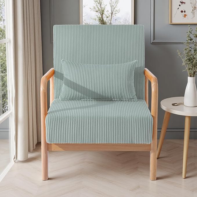 UIXE Modern Accent Chair Corduroy Upholstered Armchair for Living Room Comfy Arm Chair Single Sofa Bedroom Reading Seat with Lumbar Pillow &amp Wooden Armrests - Light Blue