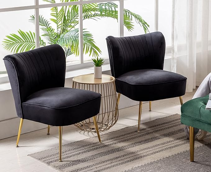 Black Velvet Accent Chairs Set of 2 with Golden Legs Upholstered Side Chairs Mid-Century Modern Slipper Chairs for Guest Room Comfy Armless Wingback Corner Single Sofa Living Room Chairs