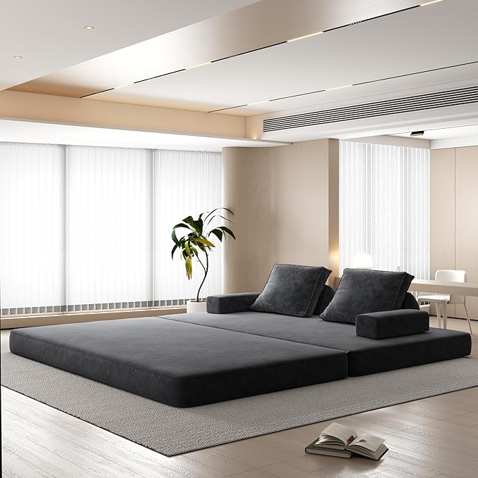 86.6 Queen Floor Sleeper Sofa Bed | Convertible Foam Folding Mattress Couch | King Size Futon Couch Bed for Adjustable Backrests | Sleeper Lounge Chair for Living Room Playroom Apartment Dark Grey