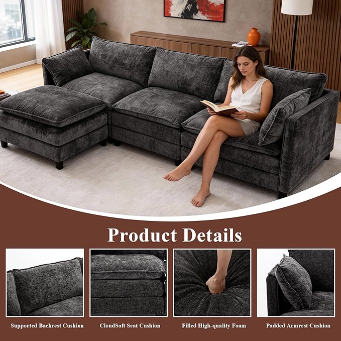 108 U Shaped Couch Comfy Cloud Modular Sectional Sofa with Movable Ottoman Deep Seat Chenille Modern Cloud Sofa Sectional Couches for Living Room Apartment (Gray 4 Seater with 1 Ottoman)