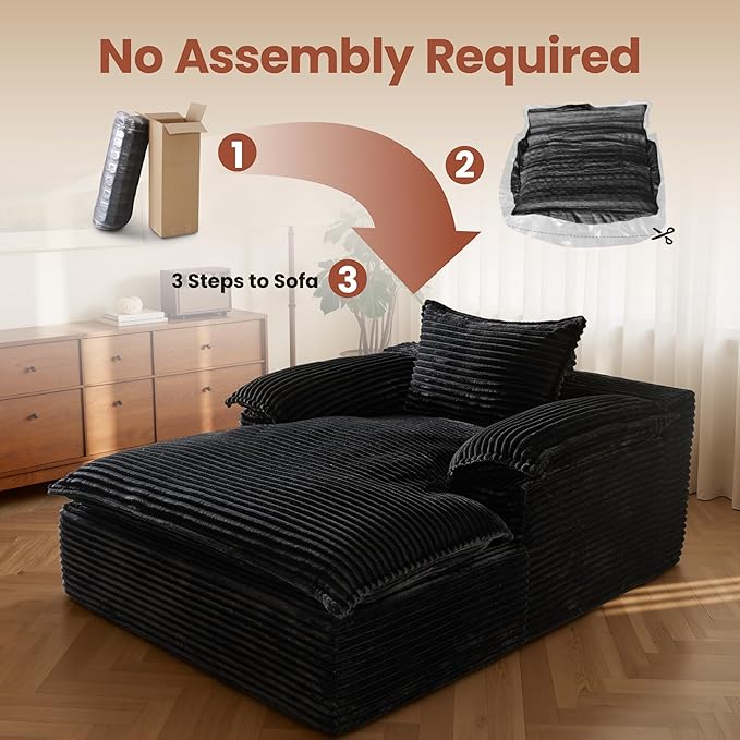 ovios 67 Boneless Lounge Chaise with Cloud Plush Sofa Bed No Assembly Required Fluffy Modern Sleeper Single Chair for Indoor Living Room Bedroom Reading (Black (Plush Corduroy Fabric)) | No Assembl
