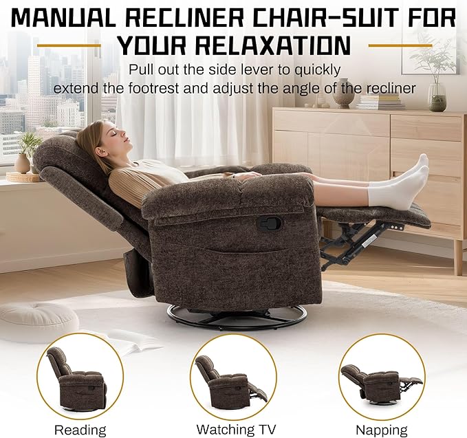 Recliner Chair Swivel Rocker Recliner Chair for Adults Small Recliners for Small Spaces Upholstered Manual Recliner with Side Pockets Nursery Rocking Chair for Living Room Chenille Brown