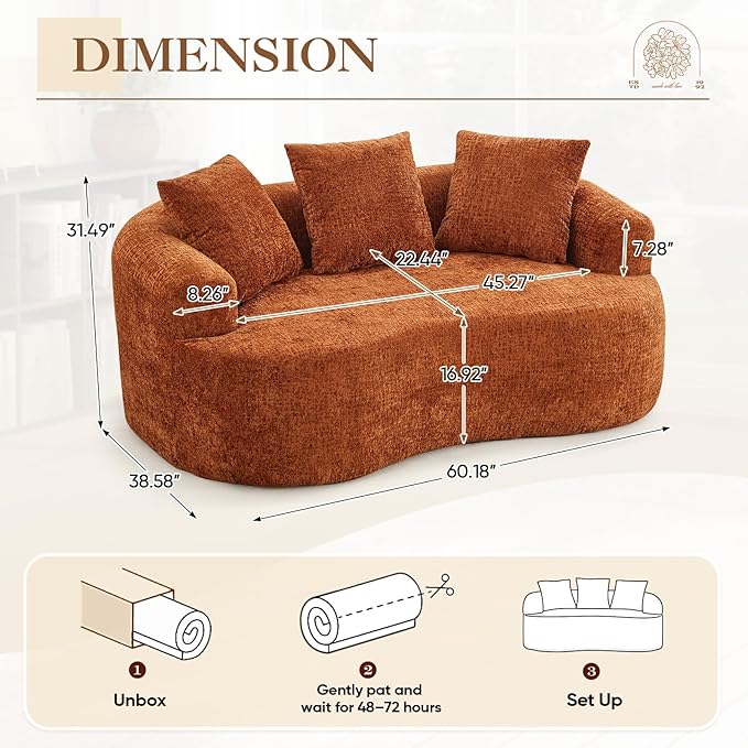60 Curved Sectional Sofa for Small Spaces - Plush Chenille Modern Cloud Loveseat with Pocket Springs &amp Memory Foam Boneless Floor Couch for Living Room 27.6 Extra Deep Seat No Assembly (Orang