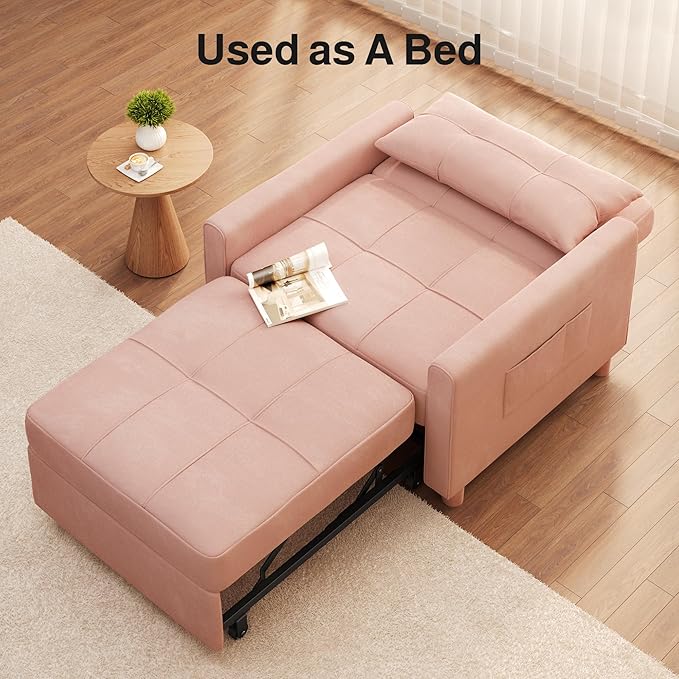 Ahomly Convertible Sleeper Chair Sofa Bed with 3-in-1 Design Adjustable Backrest and Storage Pocket for Living Room Pink
