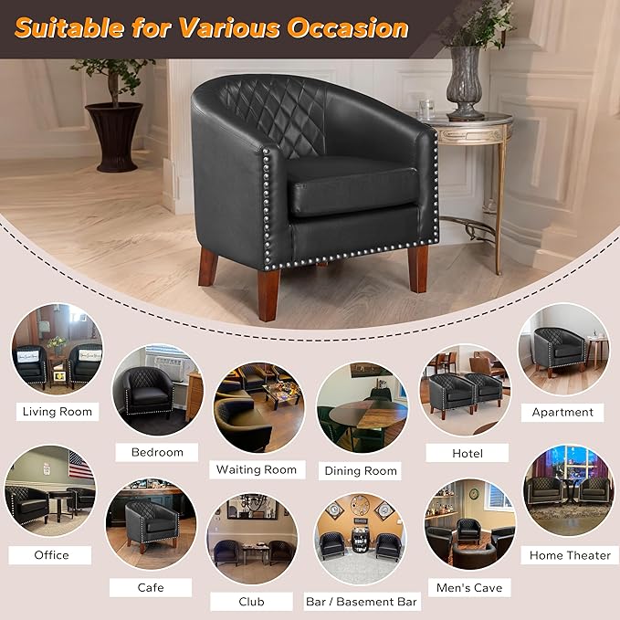 Prilinex Comfy Barrel Accent Chair - Faux Leather Living Room Chair Club Chair with Cushion Diamond Grid Backrest &amp Nailhead Trim Guest Chair for Office Bedroom &amp Waiting Room Black