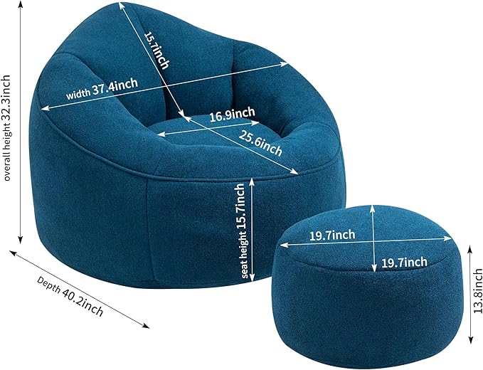 Small Bean Bag Chairs for Adults Single Sofa Chair with Ottoman Footrest Bean Bag Couch for Teens with Foam Filler Included Comfy Soft Lazy Sofa for Small Space/Living Room/Bedroom/Study