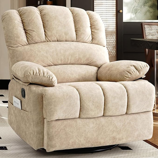 COOSLEEP Oversized Manual Swivel Rocker Recliner Chair Extra Wide Glider Rocker Recliner for Big and Tall Overstuffed Lazy Recliner Chair with High Back Single Sofa Chair for Living Room(Beige)