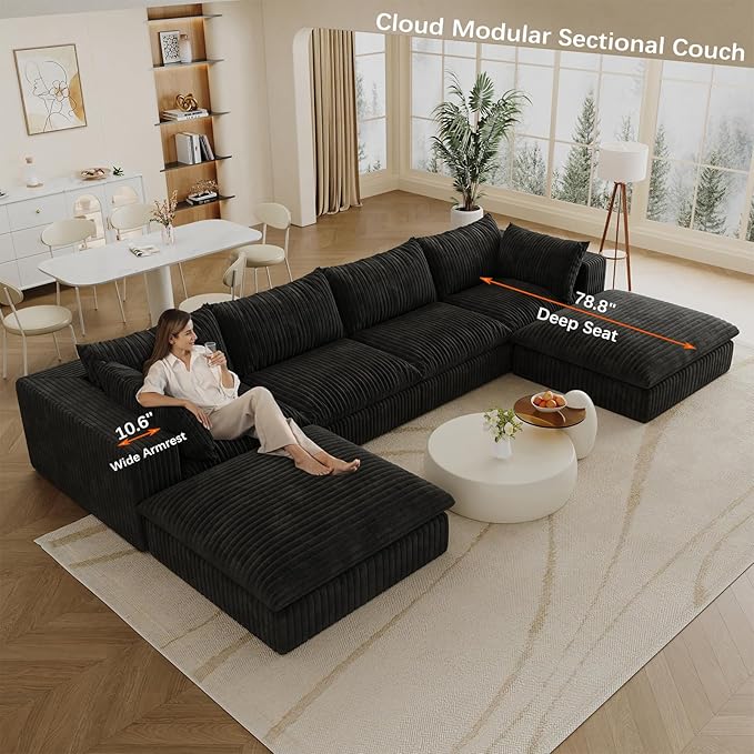78.7 L Shaped Modular Sectional Sofa Cloud Couch with OttomanPlush Corduroy Couches for ApartmentNo Assembly RequiredBlack