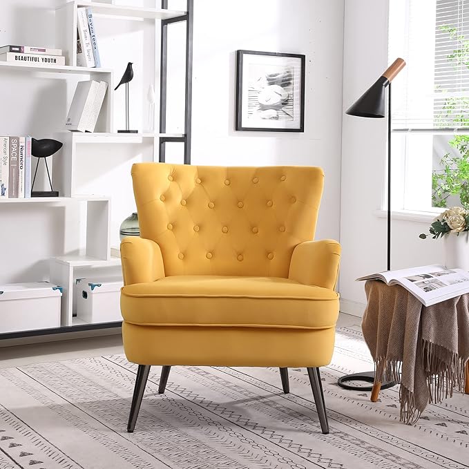 Generic Living Room Chairs Button Tufted Accent Chairs Comfy Bedroom Chair Velvet Side Sitting Chairs Modern Fabric Sofa Slipper Chair for Reading Yellow