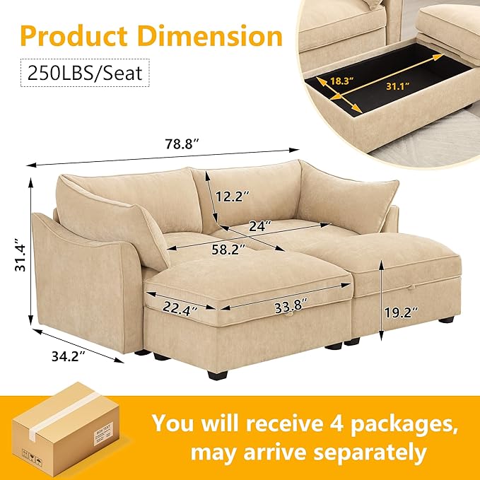 Aoowow Modular Sectional Sofa with Pullout Storage Seat 78.7” Chenille 2-Seat Sofa Couch Upholstered Love Seat Couches with 2 Storage Ottomans for Living Room Apartment OfficeWheat