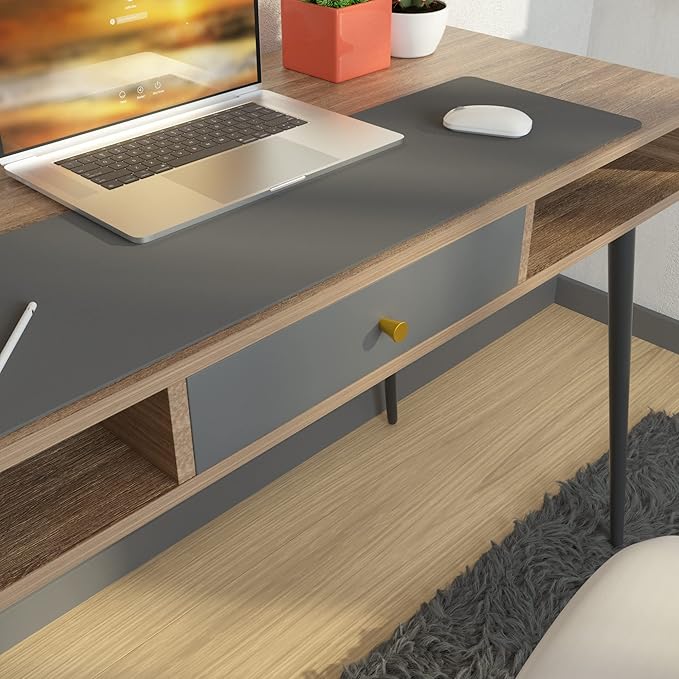 Mid Century Desk with USB Ports and Power Outlet Modern Writing Study Desk with Drawers Multifunctional Home Office Computer Desk Walnut