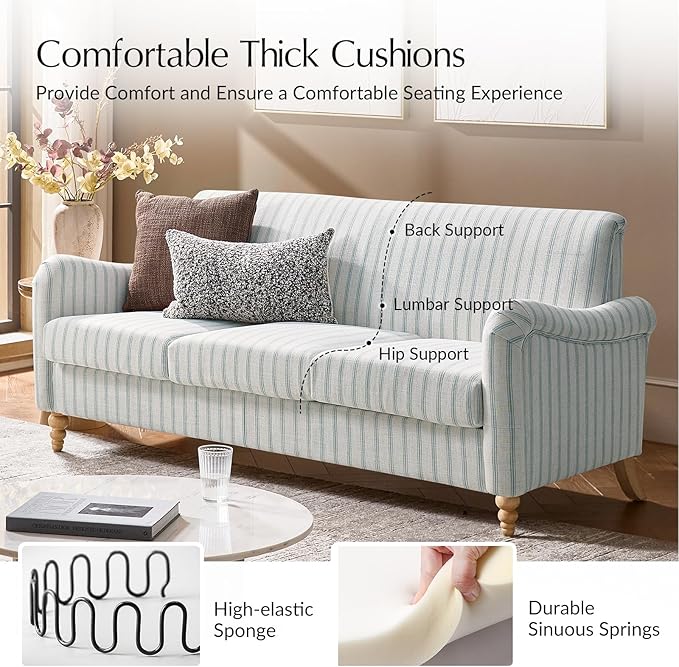 HULALA HOME Farmhouse Curved Couch with Stripe Pattern 3 Seater Sofa with Solid Wood Spindle Legs and Rolled Wide Armrests Comfy Upholstered Sofa for Living Room Bedroom Blue