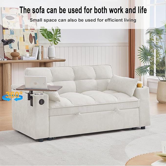 65'' Convertible Sleeper Sofa Bed with Adjustable Backrest Chaise Lounge Side Table &amp USB/Type-C Ports – Stylish &amp Functional Addition to Any Living Room (White)