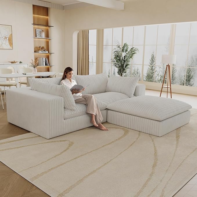 78.8 Modular Cloud Couch L Shaped Boneless Sectional Sofa with 1 Ottoman &amp 2 Deep Seat No Assembly Required Corduroy Soft Sectional Couches for Living Room Bedroom White