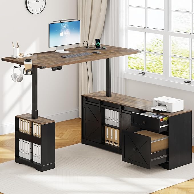 63 Farmhouse Electric Standing Desk Adjustable Height Sit Stand Corner Stand Desks L Shaped Standing Computer Desk with Power Outlets &amp Storage Drawers &amp Sliding Door for Home Office Black