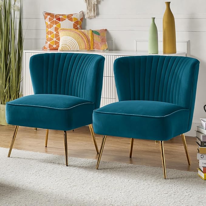 HULALA Home Velvet Accent Chair Set of 2 Modern Armless Upholstered Side Chair with Glam Gold Metal Legs for Vanity Living Room Bedroom - Teal