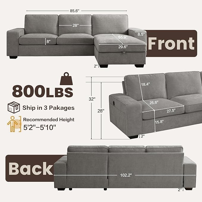PARKOL 101 L-Shaped Sectional Couch with Storage Sofa with Reversible Chaise USB Type-C Charging Chenille Fabric Removable Cushion Covers for Small Space Apartment Living Room Light Gray