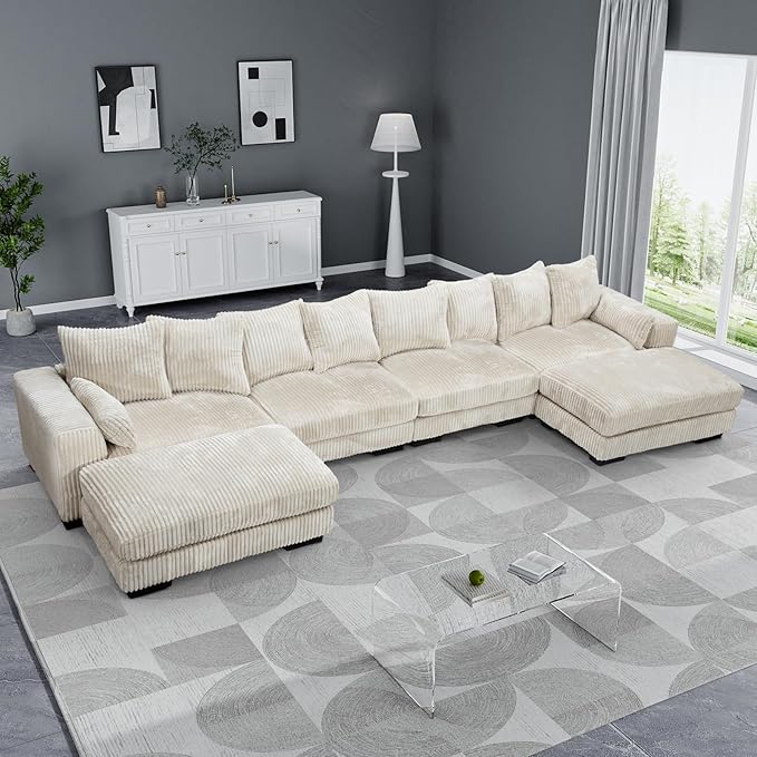 Legend Vansen Modular Sectional Couch Upholstered Corduroy Sofa with Deep Seat and Widened ArmrestsComfy Sectional Couches for Living RoomBedroom (Cream 6 Seat Sofa)