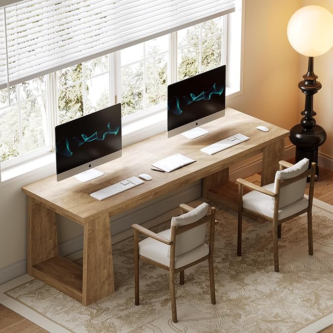 LITTLE TREE 86.6 Double Home Office Desks Two Person Desk for 2 Person Farmhouse Executive Computer Desk Large Work Writing Table Rustic Brown Business Workstaticon Furniture for Home