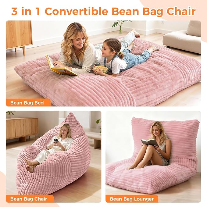 3 in 1 Giant Bean Bag Chair Convertible Bean Bag Bed for Adults and Kids Oversized Comfy Memory Foam Floor Sofa with Machine Washable Cover for Living Room Bedroom &amp Dorm(Pink)