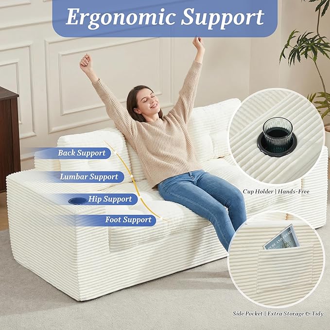 HOMREST Boneless Couch for Living Room 75 3-Seater Sofa w/ 61 Bean Bag Chair Upholstered Cloud Sofa with Cup Holder No Assembly Couch Compressed Floor Sofa for Bedroom Dorm Apartment Beige