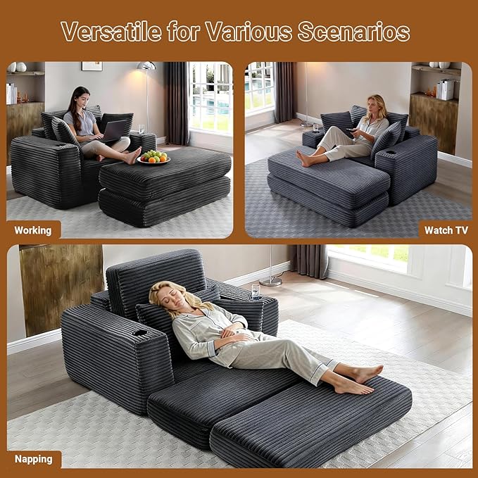 53 Oversized Chaise Lounge Chair Indoor Modular 3-in-1 Corduroy Boneless Chair Cloud-Like Cozy Comfy Sofa Bed Sleeper Couch for Reading Living Room Bedroom Grey
