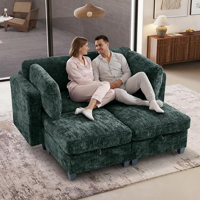 4 Seat Modular Sectional Sofa with Storage Convertible Sectional Couch Modular Sofa with Chaise Living Room Furniture Sets L Shaped Couch with Ottoman Couches for Living Room Green Textured