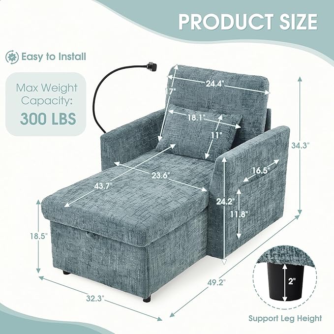 HOMEFUN Sleeper Chair Bed Lazy-Friendly Indoor Chaise Lounge with Storage Cell Phone Bracket Multifunctional Sofa for Bedroom Living Room Small Space Adults