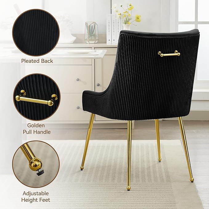 Velvet Dining Chairs Set of 6 Gold LegsUpholstered Velvet Accent Chairs Pleated Back Design &amp Gold Pull Handle Mid Century Modern Chairs for Dining/Kitchen/Living RoomBlack