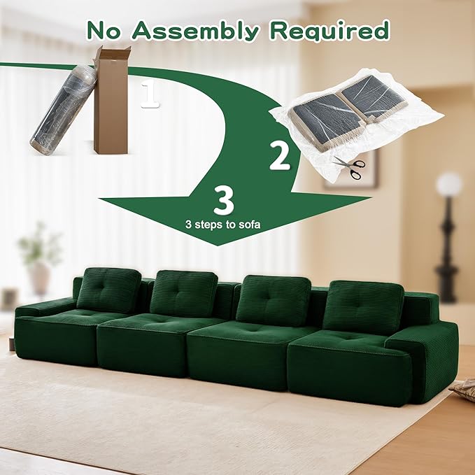 150.4'' Sectional Sofa 32D Foam Corduroy Boneless Couch with Pillow Deep Seat Wide Arm Sectional Couch for Apartment Living Room Bedroom