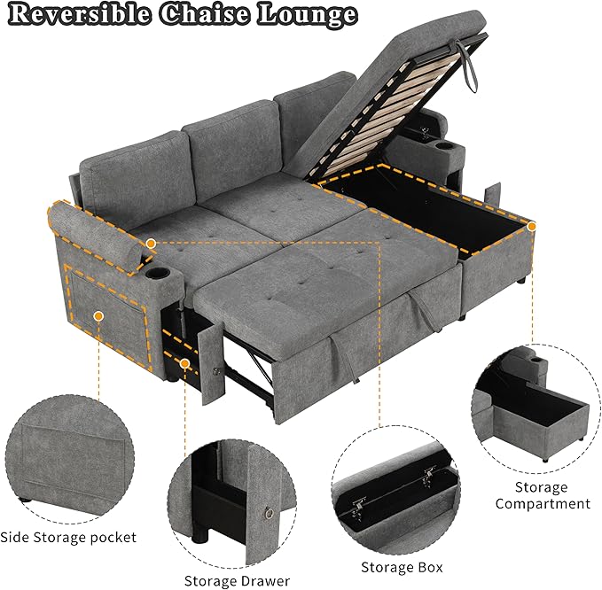 Versatile L-Shaped Sofa Couch Convertible Sofa Bed Chenille Fabric Sectional Sofa with Reversible Chaise Lounge Storage Space 2 Cup Holders and Two USB Ports for Living Room (Gray-2C)