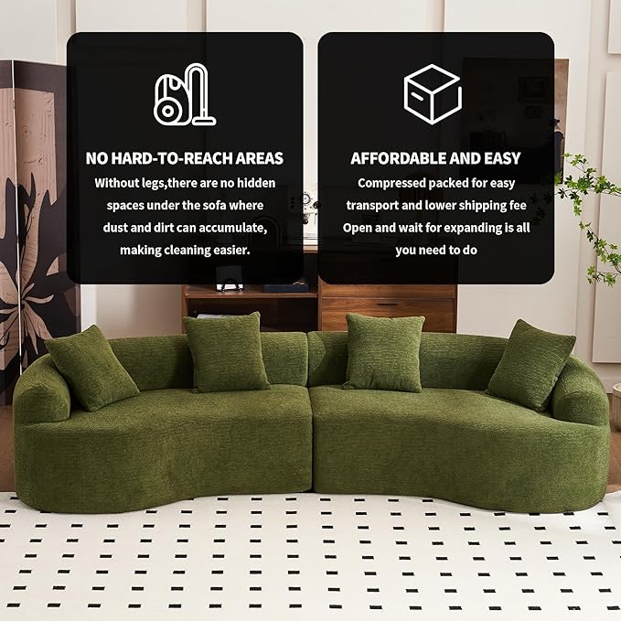 Oversized Sectional Sofa for Living Room 110 Modern Luxury Chenille 4-Seater Extra Deep &amp Wide Seat Curved Cloud Couch with 4 Throw Pillows No Assembly Needed Cream Green