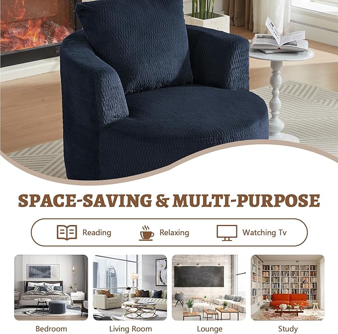 39.4 Wide Swivel Accent Chair Modern 360° Rotating Barrel Chair with Metal Base Club Single Sofa Chenille Armchair for Living Room Bedroom Reading Room Office (Dark Blue)