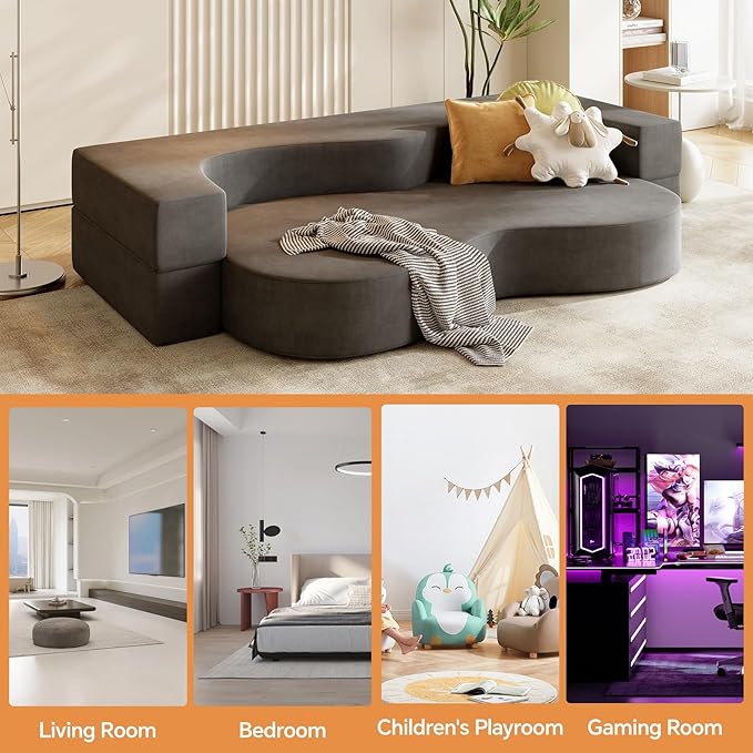 79 Floor Foam Sofa Bed Couch 3-in-1 Folding Sofa Bed with Heart Design Velvet Cover Futon Sofa Sleeper Ideal for Guest Dorm Living Room Bedroom Office Small Spaces(Grey)
