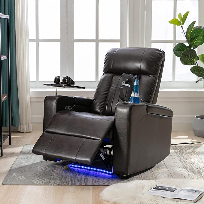 Brown Power Recliner Chair with Cupholders &amp Storage - Armchair Electric Reclining with USB Port 360° Swivel Tray Table Cell Phone Stand Ambient Lighting Leather Living Room Chair for Home The