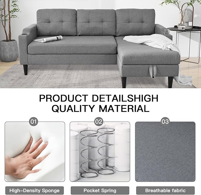 Convertible Sleeper Pull Out Couch Bed with Storage Chaise Linen Upholstered Sectional L-Shape Apartment Couch Pullout Sofa Bed with Side Pocket and Cup Holder Removable Backrest (Gray)