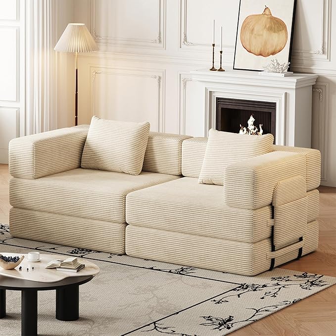 KINFFICT 72 inch Sectional Sleeper Sofa Modular Futon Folding Loveseat Floor Sofa Bed Convertible Comfy Corduroy Memory Foam Couch Bed with Side Pockets for Guest Room Bedroom Living Room Beige
