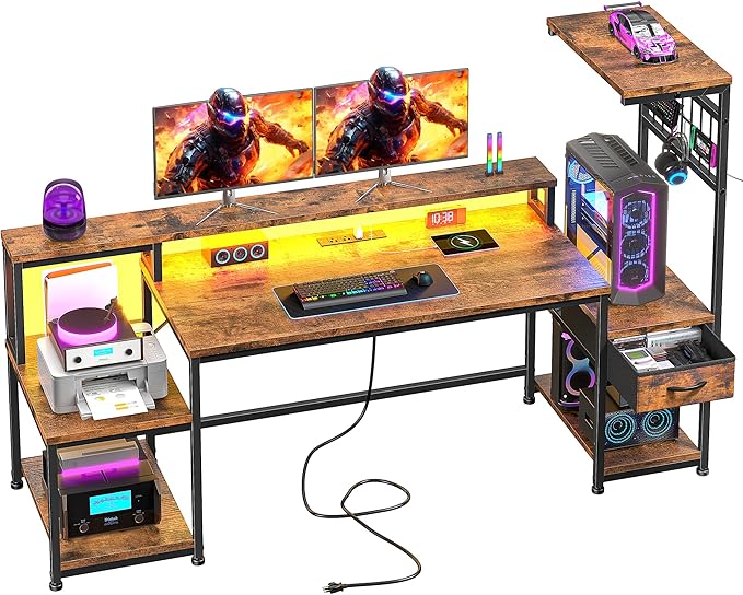 63 Gaming Desk with LED Lights &amp OutletsComputer Desk with Drawers &amp Monitor StandGaming Table with Storage Shelves &amp Printer Space for Game RoomStudy RoomHome OfficeRustic Brown