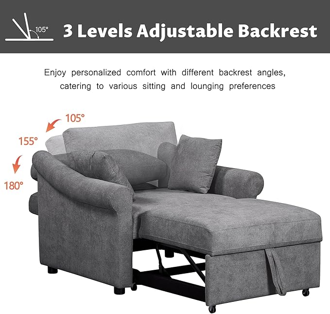 Convertible Sleeper Chair with Adjustable Backrest 3-in-1 Sleeper Chair with Metal Frame 3 in 1 Lounger Chair Turns Into Bed Chenille Fabric Single Bed for Living Room