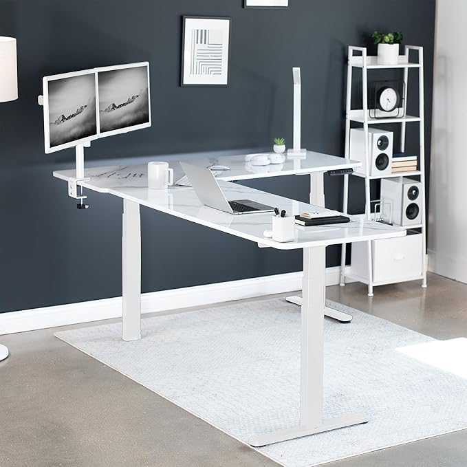 VIVO Electric Height Adjustable 83 x 60 inch Corner Stand Up Desk 2 White Marble Dry Erase Solid Table Tops White Frame Memory Controller L-Shaped Workstation 3E Series DESK-KIT-3E8WWM