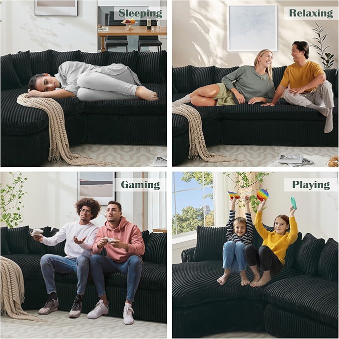 129'' Cloud Sectional Couches for Living Room Oversized L Shaped Couch Curved Boneless Sofa Corduroy Upholstered Corner Sofa Black